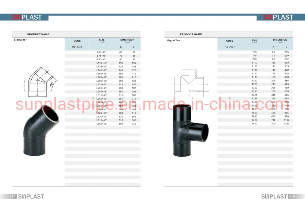 Black Poly Pipe Fittings / HDPE Spigot Fittings / HDPE Electrofusion Fittings / PE100 Fittings in SDR17 & SDR11 for HDPE Pipe